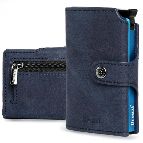 Bronzi Men's Wallet Slim - Brown Leather - Credit Card Holder - Man Card Holder - Mini Card Holder, blue