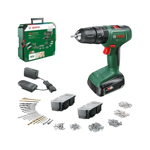 Bosch EasyImpact 18V-40 Cordless Hammer Drill (Screws, Drilling in Wood, Metal and Plastic; Impact Drilling in Masonry; 241-Piece Bit Set; 1 Battery 1.5 Ah; 18 Volt System; in SystemBox)