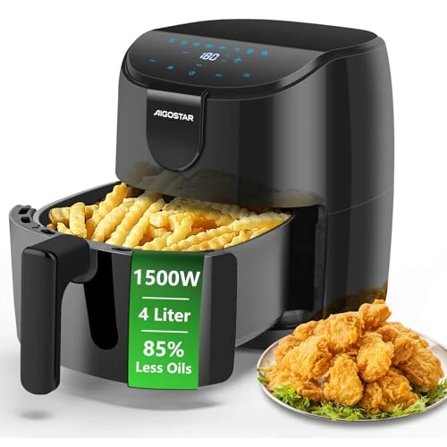 Aigostar Luchtfriteuse 4 liter, 8-in-1 Air Fryer, digitaal touch-display, 0-60 minuten, snelle voorverwarmingsfunctie, roerherinnering, instelbare tijd 40-200 °C, 6 personen, 1500 W