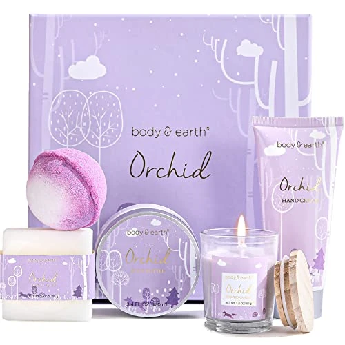 BODY & EARTH Luxury Gifts for Women, 5 Pcs Orchid Bath Spa Gift Set Includes Scented Candle, Body Butter, Hand Cream, Gifts for Pregnant Women, Birthday Gift Sets for her, Mothers Day Gifts