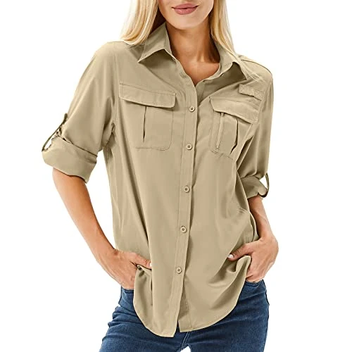 Offerta a tempo: yeyity Camicia da donna UPF 50+, protezione UV, a maniche lunghe, da donna, ad asciugatura rapida, per l'estate, per l'escursionismo, Khaki5071, L - 0.00% da 50.89 € a 50.89 €