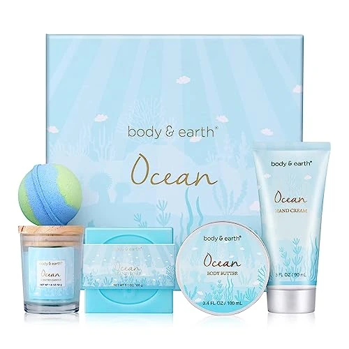 BODY & EARTH Pamper Gift Set, Ocean Bath Spa Set for Women - 5 Pcs Includes Scented Candle, Body Butter, Birthday & Mother's Day Gift