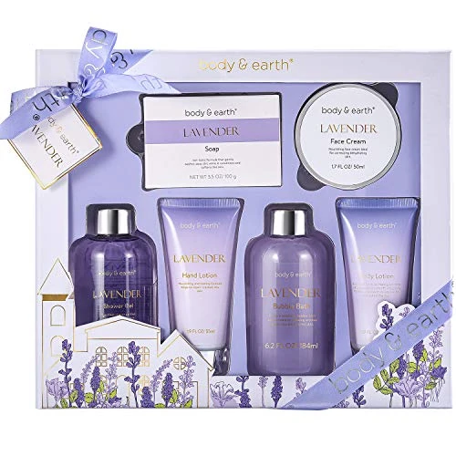 BODY & EARTH Pamper Gifts For Women, 6Pcs Lavender Bath Sets, Birthday Pamper Hamper Mum Self Care Gift Set, Beauty Skin Care Gift With Shower Gel,Bubble Bath,Soap,Face Cream,Body Lotion,Hand Lotion