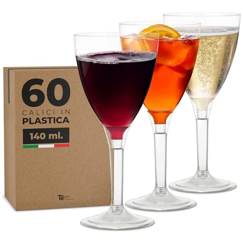 TUNDRA - Lot de 60 Verres à VIN, à CHAMPAGNE à EAU "UTILISER & RÉ-UTILISER LÉGER" 140 ml., Gobelet PLASTIQUE REUTILISABLE RECYCLABLE, Transparents, BPA-Free, Verre a Pied Plastique Incassables