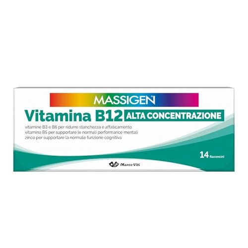 Offerta a tempo: Massigen - Vitamina B12 Alta Concentrazione, Integratore Alimentare con Zinco e Vitamine B6, B3 e B5, Riduce Stanchezza e Supporta Funzioni Cognitive, 14 Flaconcini da 8 ml - 41% da 13.90 € a 8.23 €