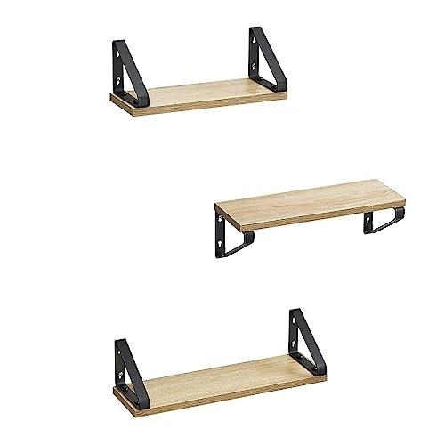 VASAGLE Mensole da Muro, Mensole da Parete, Set di 3, 2 Modalità di Montaggio, 30/35/40 cm, per Soggiorno Cucina Studio Bagno, Colore Rovere e Nero LWS033B11