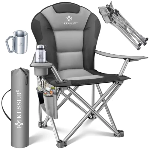 Offerta a tempo: KESSER Sedia da campeggio pieghevole fino a 150 kg, sedia pieghevole imbottita con braccioli, schienale alto, sedia da spiaggia, sgabello pieghevole con luce da campeggio, porta bevande, borsa e tazza - 0.00% da 52.80 € a 52.80 €