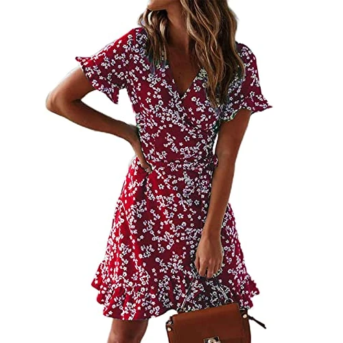 Offre limitée : CheChury Robes Casual Femme Robe Floral Imprimé Décontracté Robe d'été Mini Robe à Manches Courtes à Col en V Robe Courte Fleurie Robe Volants Bohème Robe Imprimé Floral Elégant Slim Fit,Vin,XXL de 19.99 € à 7.99 € (60% de remise)
