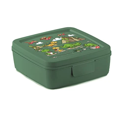 Snips, Caja para Sandwich, Caja para Almuerzo Niños, Decoración Dinosaurio, Recipiente para Comida 14,5 x 14,5 x 5,5 cm, Color Verde, Made in Italy, 0% BPA