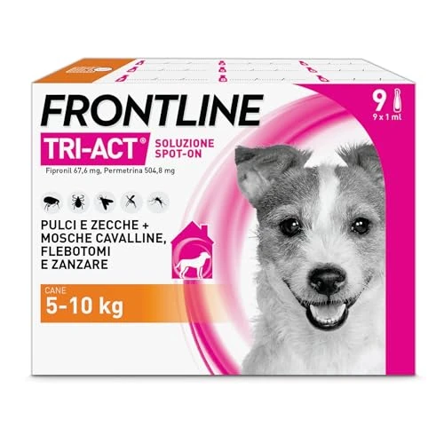 Offerta a tempo: FRONTLINE Triact, 9 Pipette, Cane S (5-10 kg), Antiparassitario per Cani e Cuccioli di Lunga Durata, Protegge il Cane da Pulci, Zecche, Zanzare, Pappataci e Leishmaniosi, Antipulci 9 Pipette - 31% da 105.70 € a 73.22 €