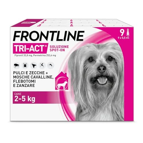 Offerta a tempo: FRONTLINE Triact, 9 Pipette, Cane XS (2-5 kg), Antiparassitario per Cani e Cuccioli di Lunga Durata, Protegge il Cane da Pulci, Zecche, Zanzare, Pappataci e Leishmaniosi, Antipulci 9 Pipette - 50% da 102.80 € a 51.03 €