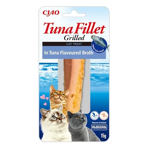 INABA Filetti di Tonno Grigliato per Gatti, in Brodo al Gusto di Tonno - Snack Gatto Ricco di Antiossidanti, Senza Conservanti o Coloranti Artificiali, Grain-Free - Cibo per Gatti, 12 Filetti x 15gr