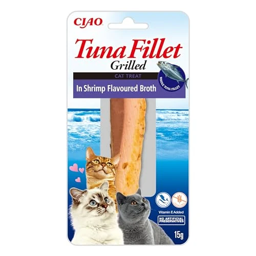 Offerta a tempo: INABA Filetti di Tonno Grigliato per Gatti, in Brodo al Gusto di Gamberetti, Snack Gatto Ricco di Antiossidanti Senza Conservanti o Coloranti Artificiali, Grain-Free - Cibo per Gatti, 12 Filetti x 15g - 23% da 22.80 € a 17.64 €