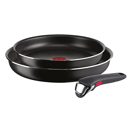 Lagostina Ingenio Essential Plus - Juego de ollas y sartenes antiadherentes de aluminio para gas y horno, 3 piezas, sartenes de 24 y 28 cm de diámetro y mango extraíble