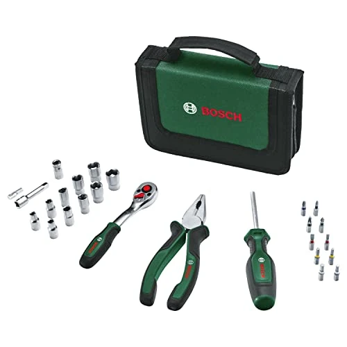 Limited-time offer: Bosch Mobility Hand Tool Set 26-Piece (Compact and Portable Tool Kit for DIY Tasks; Optimal Choice on The Road; 1/4" Ratchet; Combination Pliers; Universal Screwdriver; in Fabric Bag) from 43.99 GBP to 34.69 GBP (save 21%)