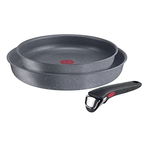 Lagostina Ingenio Mineralis Eco Set Sartenes Antiadherentes de Aluminio 100% Reciclado con Fondo Indeformable, 3 Piezas, Batería de Ollas con 2 Sartenes 24 y 28 cm y Mango Amovible