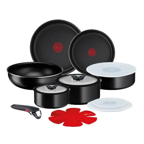 Lagostina Ingenio Essential Plus Akku für Töpfe, Aluminium für Gas und Backofen, 17 Stück, 2 Töpfe, 2 Pfannen, Wok, 5 Deckel, 5 Bratpfanne, abnehmbarer Griff