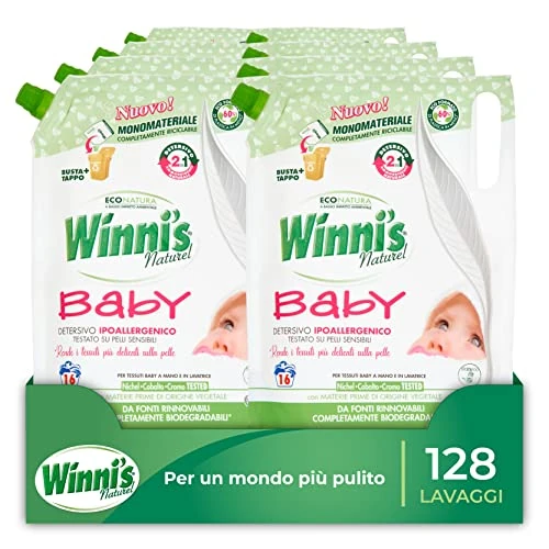 Offerta a tempo: Winni's - Detersivo Lavatrice Baby Ipoallergenico in Ecoformato, 134 lavaggi, con Smacchianti Naturali da Biofermentazione e Materie Prime di Origine Vegetale, 800 ml x 8 Confezioni - 47% da 47.92 € a 25.52 €