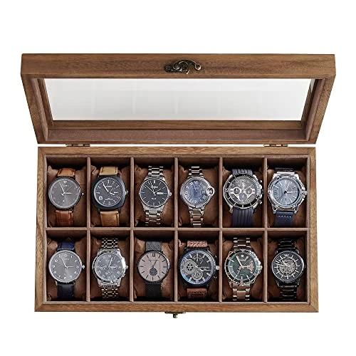 Oferta limitada: SONGMICS Caja para Relojes con 12 Compartimentos, Caja para Relojes de Madera Maciza, con Tapa de Cristal, Cojín para Relojes, Regalo para Queridos, Nogal Rústico JOW120K01 de 35.99 € a 31.99 € (ahorro 11%)