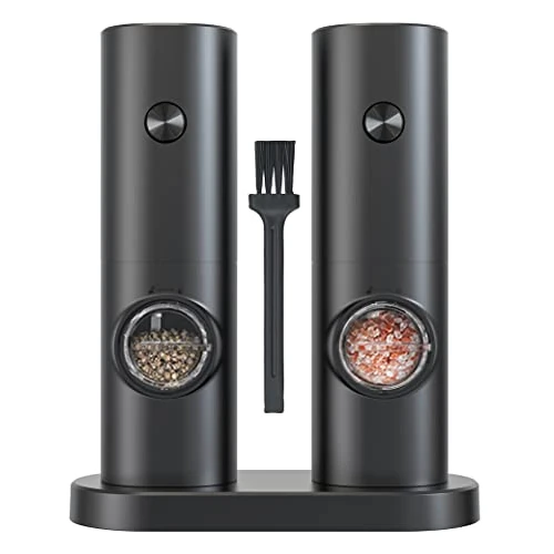 IraXpro Electric Salt and Pepper Grinder Set with Battery Powered,LED Light,Storage Base,Ceramic Grinders with Adjustable Coarseness,Electric Salt and Pepper Mill Set of 2 Pack (Black-Battery)