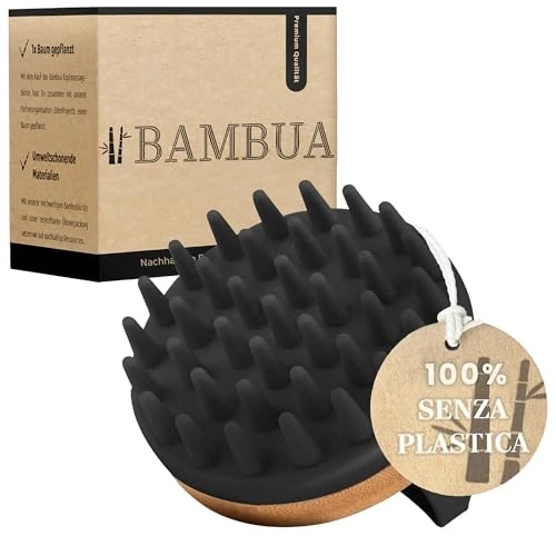 Offerta a tempo: BAMBUA Massaggiatore Cuoio Capelluto (Effetto Anti-Forfora) Spazzola Massaggio Cuoio Capelluto - Massaggiatore Capelli - Premium Scalp Massager - Hair Scalp Massager Incl. E-Book Scalpo Sano (Nero) - 41% da 15.99 € a 9.49 €