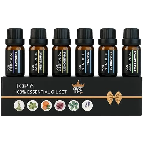 Crazy King - Aceites esenciales para difusores, 6 x 10 ml, esencias naturales, difusor de aromaterapia, aceites esenciales puros, ambientador eléctrico y vaporizador, con lavanda, naranja, eucalipto,