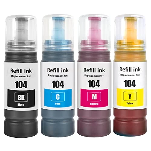 Offre limitée : 104 Encre Compatible avec Epson 104 Bouteille d'encre Multipack pour ecotank ET-1810 ET-2726 ET-2810 ET-2811 ET-2812 ET-2814 ET-2815 ET-2820 ET-2821 ET-2825 ET-2826 ET-4700 ET-4800 (4-Pack BK C M Y) de 18.90 € à 17.96 € (5% de remise)