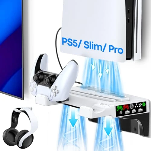 Zeitlich begrenztes Angebot: Tokluck PS5/PS5 Slim/PS5 Pro Wandhalterung mit 3 stufig Lüfter und PS5 Controller Ladestation, PS5 Halterung Wand mit Headset Halter/PS5 Lüfter, PS5/Slim/Pro Ständer für PlayStation 5 Zubehör von 31.99 € auf 31.99 € (0.00% Rab