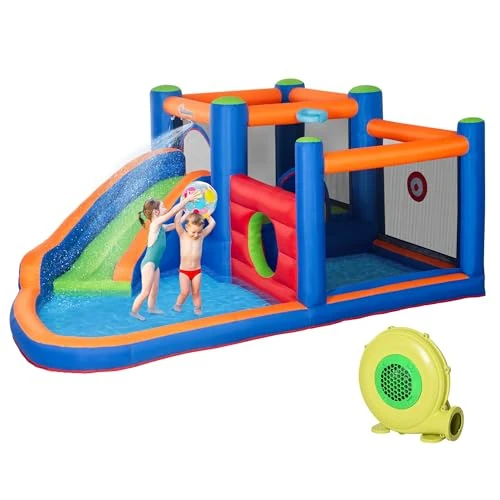 Offerta a tempo: Outsunny Castello Gonfiabile per Bambini 3-8 Anni con Scivolo, Trampolino e Piscina, Gonfiatore Incluso, 380x340x170cm - 19% da 349.95 € a 285.10 €
