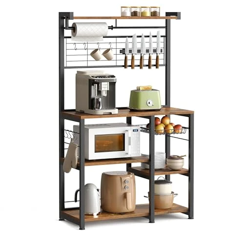 VASAGLE Regał kuchenny, regał stojący, regał, wyspa kuchenna z listwą magnetyczną na noże, kosz druciany, uchwyt na ręczniki kuchenne, 12 haczyków, brązowo-czarny vintage KKS026B01