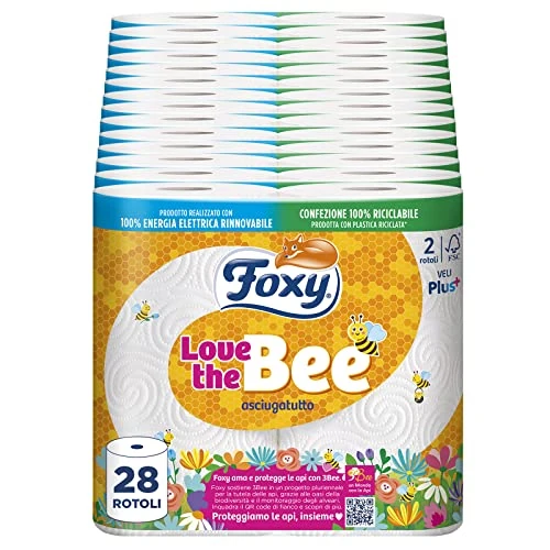 Foxy Love The Bee | Towel 28 Rolls of 60 tears | 2 ply high Thickness | FSC | 100% Renewable Electricity| Recyclable Packaging Made from Recycled Plastic