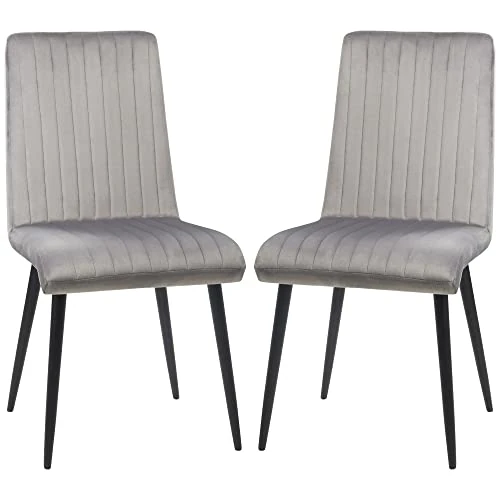 HOMCOM 2er Set Esszimmerstühle gepolstert in Samt-Effekt-Stoff, Küchenstühle mit Stahlbeinen und platzsparendem Design, 43x58x90 cm, Grau und Schwarz