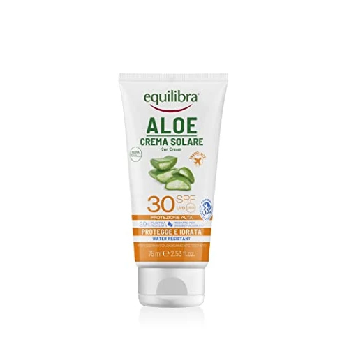 Equilibra Solari Aloë zonnecrème SPF 30 Travel Size, basis van aloë vera, vitamine C en E, arganolie, kokosolie en karitéboter, voor gezonde en natuurlijke bruining, waterbestendig, 75 ml