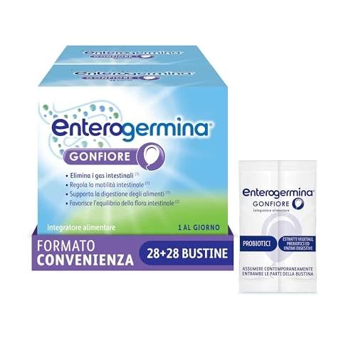 Offerta a tempo: Enterogermina Gonfiore, Fermenti Lattici Probiotici, Prebiotici per Adulti - Integratori con Enzimi Digestivi ed Estratti Vegetali contro Pancia Gonfia e Gonfiore Addominale (56 Bustine Gusto Pesca) — 49% da 54,90 € a 27,80 €