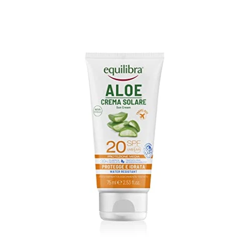 Equilibra Solari, Aloe Sonnencreme SPF 20 Travel Size, Basis von Aloe Vera, Vitamin C und E, Arganöl, Kokosöl und Karité-Butter, für gesunde und natürliche Bräunung, Water Resistant, 75 ml