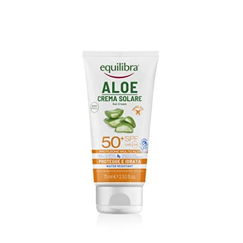 Equilibra Solari, Aloë zonnecrème, SPF 50+ reisformaat, met aloë vera, vitamine C en E, arganolie, kokosolie en karitéboter, voor een gezonde en natuurlijke bruining, waterbestendig, 75 ml