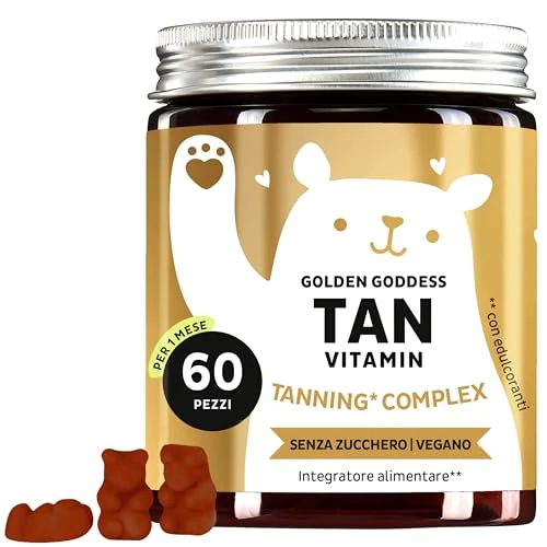 Offerta a tempo: Caramelle Gommose Golden Goddess Tan Vitamin - Complesso Abbronzante - Vitamina C, E, Betacarotene, Calcio e Rame - 60 pezzi (1 mese) - Senza Zucchero, Vegano - Bears with Benefits - 20% da 24.90 € a 19.99 €