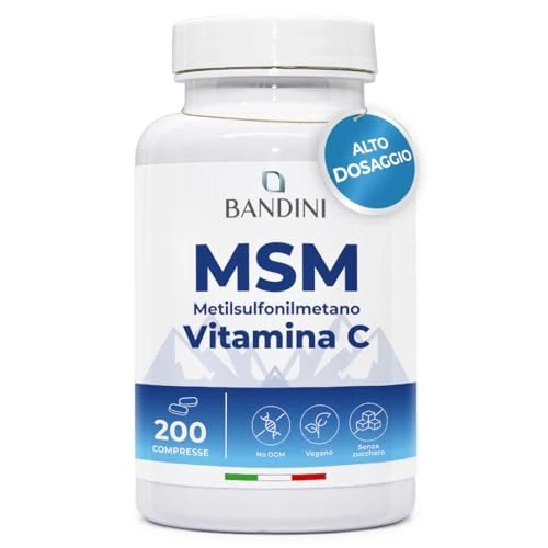 Bandini® MSM 2000mg de Méthylsulfonylméthane (Soufre Pur MSM) + Vitamine C par Dose Quotidienne | Poudre pour Articulations, Cheveux, Os et Peau | 100% Vegan | 200 Comprimés à Haute Dose