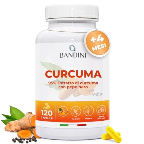 Offerta a tempo: Bandini® Curcuma 120 capsule/4 mesi di fornitura | 700 mg per capsula di Kurkuma al 95% + Piperina dal Pepe Nero (Alto Dosaggio) | Alternativa alla Polvere | Tumeric 100% Vegan Senza OGM - 5% da 9.90 € a 9.40 €