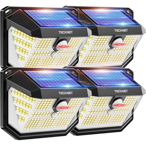 Offerta a tempo: TECKNET Luci Solari Esterno, 231 Faretti Solari a Led da Esterno, 300° Super Luminoso, 3 Modalità con Sensore di Movimento, Lampada da Parete Impermeabile IP65 per Giardino, Patio e Garage - 4 Pezzi - 25% da 39.99 € a 29.99 €