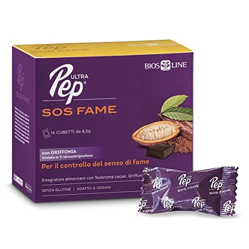 BIOS LINE, Ultra Pep® SOS FAME, Integratore Alimentare per il Controllo del Senso di Fame, Equilibrio del Peso Corporeo, Con Triptofano e Griffonia, 14 Cubetti Gusto Cacao