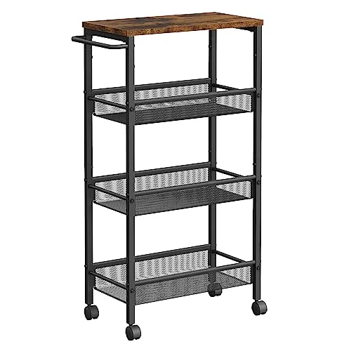 Offerta a tempo: VASAGLE Carrello Cucina Salvaspazio, Carrello con Ruote Portatutto a 4 Ripiani, Scaffale Stretto in Acciaio e Legno, Organizer Bagno, 45,4 x 22 x 77 cm, Marrone Vintage e Nero Opaco, LRC033B01 - 35% da 57.99 € a 37.58 €