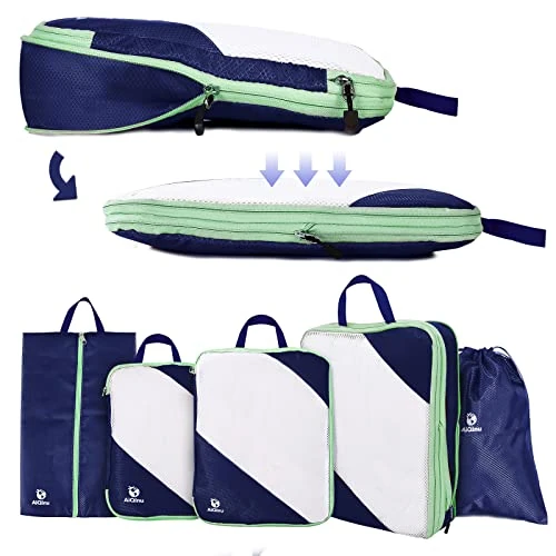Offre limitée : AiQInu Rangement Valise Lot de 5,Packing Cubes Compression Organisateur de Voyage Ultraléger, Extensible, Sac à Chaussures, Bagage Compression (Bleu foncé) de 18.77 € à 18.77 € (0.00% de remise)