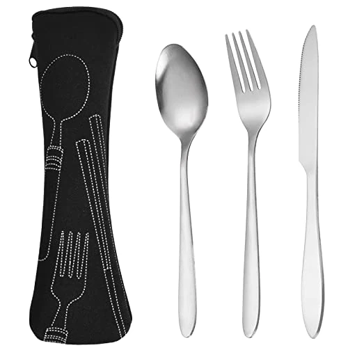 Stainless Steel Cutlery, Knife Fork Spoon Cutlery, Cutlery Set for 1 Persons Portable, Takeaway Cutlery, Camping Cutlery for School Office Camping Travel (Black)