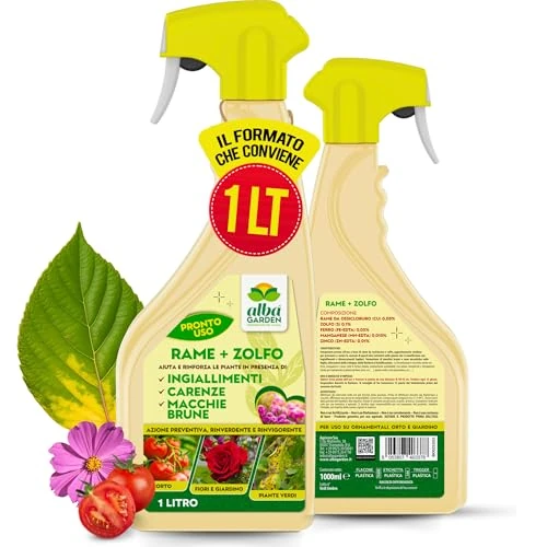 Albagarden - Cobre + Azufre Spray 1 litro – Abono potente para plantas contra las enfermedades – Para amarilleamientos, deficiencias, manchas marrones, odio, tizón tardío – Para huerto, jardín y