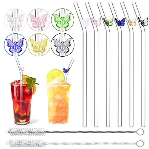 Tijdelijke aanbieding: 6 stuks herbruikbare glazen met 2 reinigingsborstels, heldere gebogen glazen rietjes met kleurrijke vlinders, voor cocktailrietjes, bubble tea-rietjes, smoothies van 9.99 EUR naar 9.99 EUR (korting 0%)