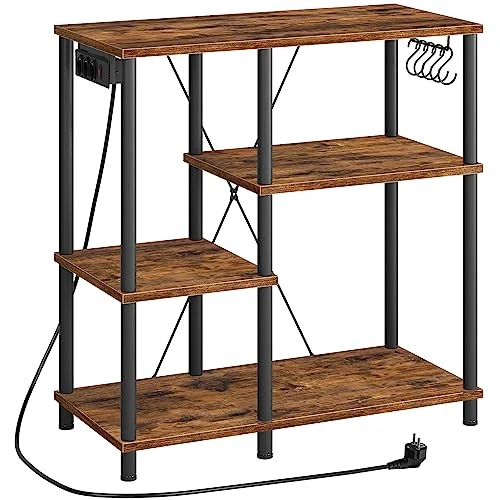 HOOBRO EBF07CHB01 Baker's Rack with Sockets, Standing Shelf, Microwave Rack with 5 S-Hooks, Coffee Bar, Kitchen Storage Rack for Kitchen, Living Room, Vintage Brown and Black
