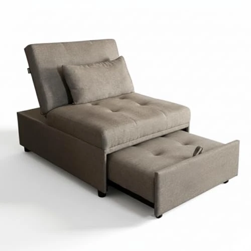 Single Sofa Bed Space Saving with Removable Cushion Click Clac Extendable Recliner Chair in Chaise Longue Fabric for Fully Relaxing Footrest 191x79x90cm (Taupe)