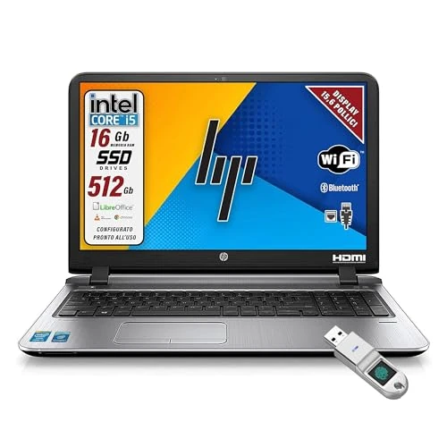 HP, Probook, Pc Portatile Notebook Intel i5-6th, Display HD da 15,6", Ram 16Gb, SSD 512Gb, Pacchetto Libre, Chiavetta FInger Print (Ricondizionato)