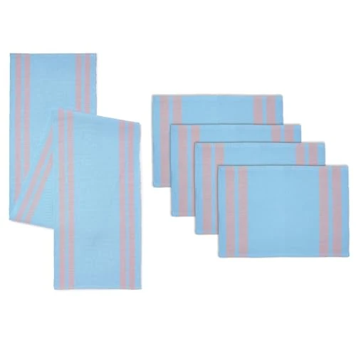 Encasa XO Tischläufer und Platzset Set 4 | Feingerippte Baumwolle | Leiter blau | 1 Tischläufer Größe 32x137 cm & Jede Tischmatte Größe 48x32 cm